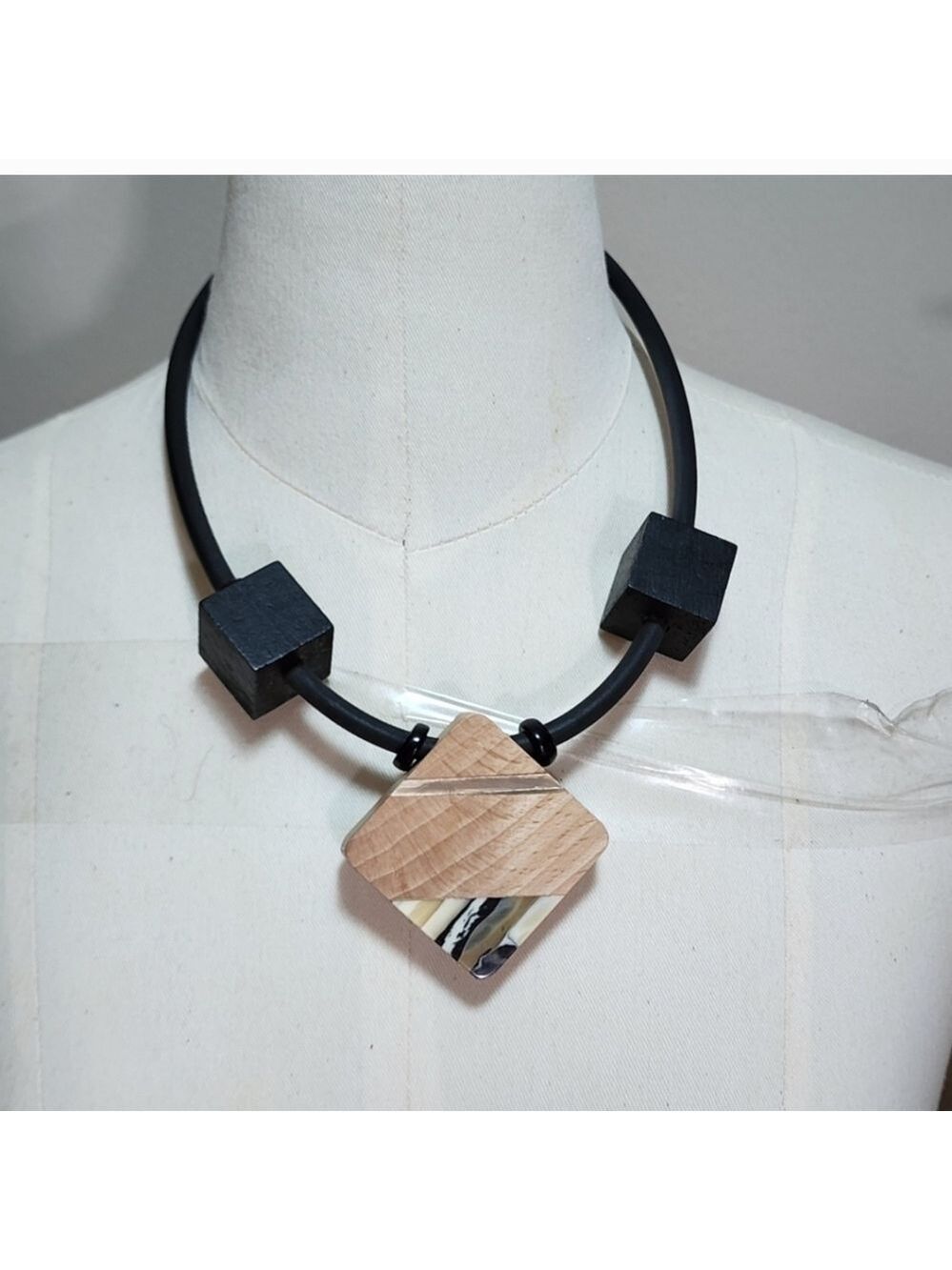 Chunky detailed wooden black rubber necklace